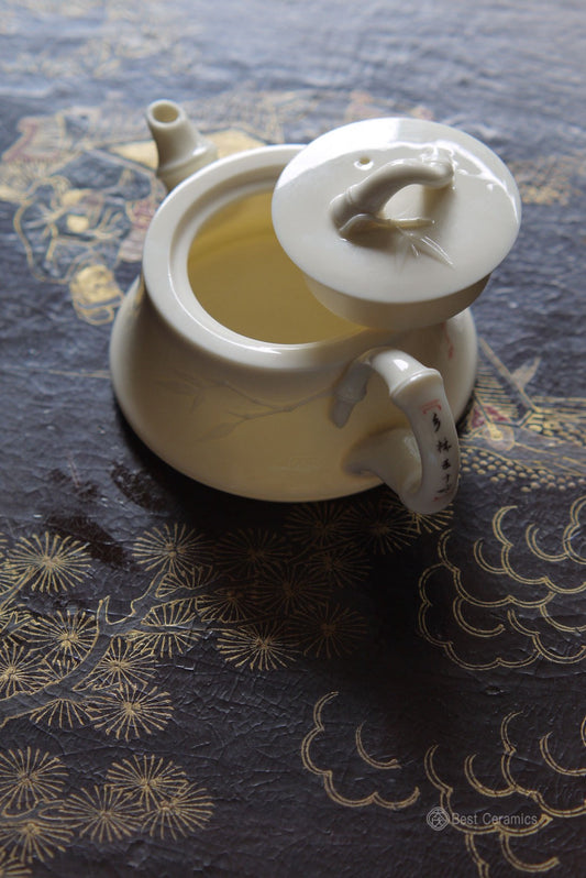 Ivory Jade Porcelain Teapot with Handwritten Poem Bamboo|Best Ceramics