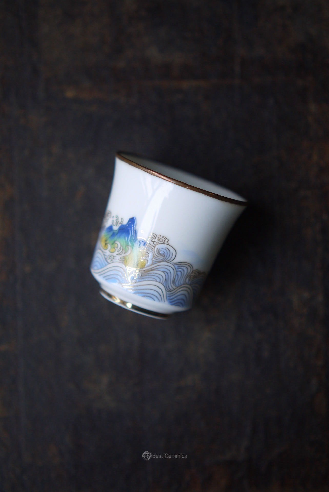 Dehua Jade Porcelain Landscape Painting with Copper Top of the Rims Gongfu Teacup|Best Ceramics