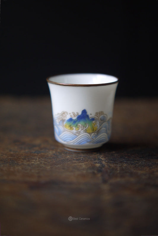 Dehua Jade Porcelain Landscape Painting with Copper Top of the Rims Gongfu Teacup|Best Ceramics