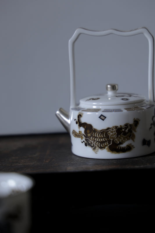 Ti Liang Overhead Handle Teapot Blue Gold Guardian Lion Motif|Best Ceramics