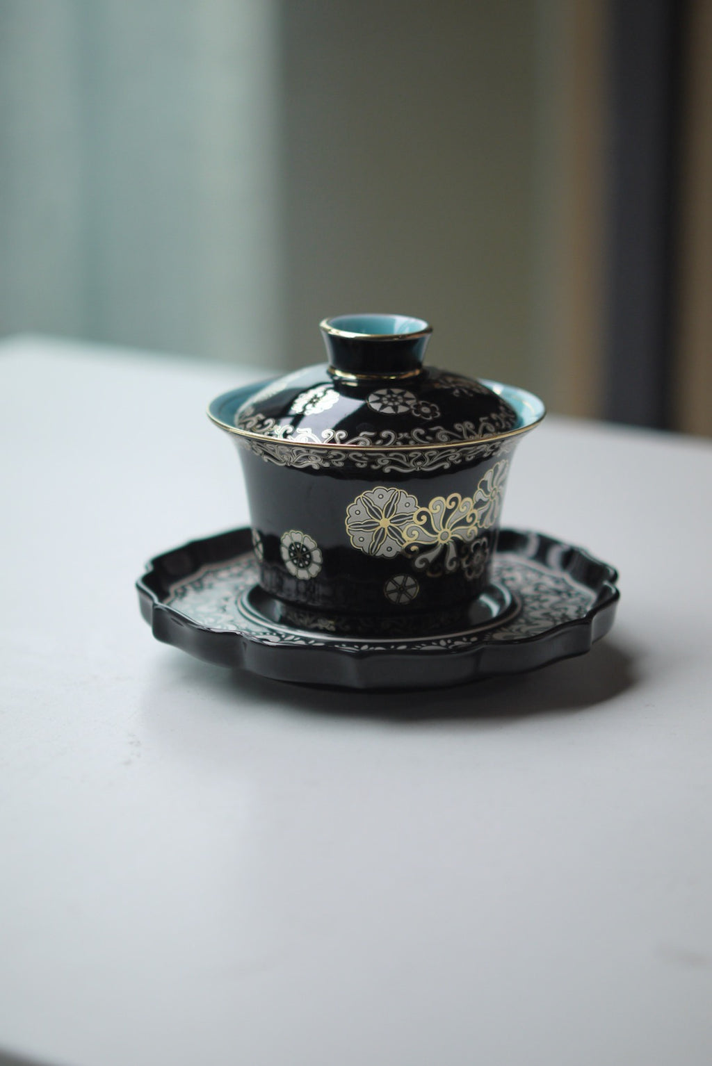 Black Porcelain Gaiwan With Gold Silver Traditional Chines Patterns|Best Ceraimcs