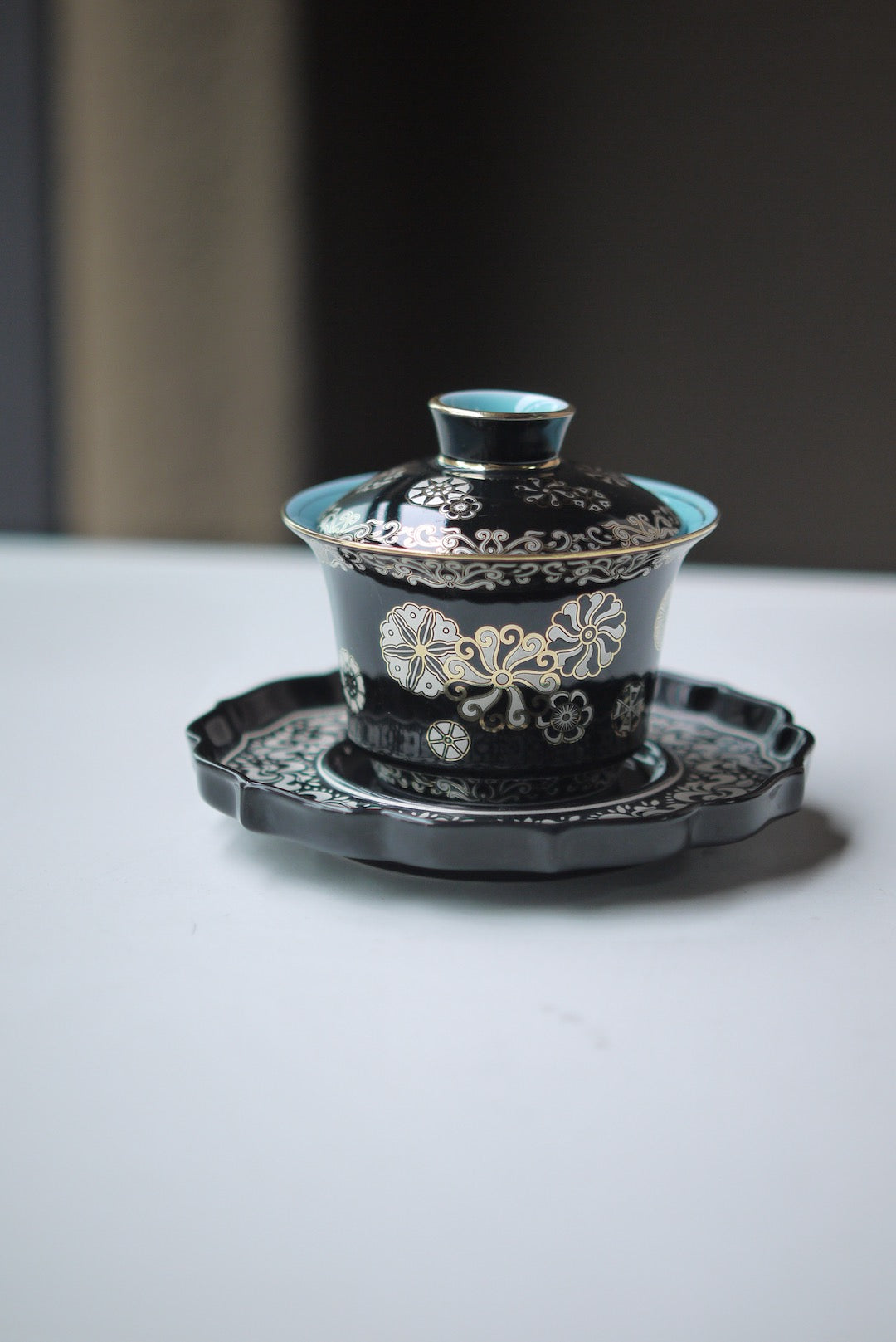 Black Porcelain Gaiwan With Gold Silver Traditional Chines Patterns|Best Ceraimcs