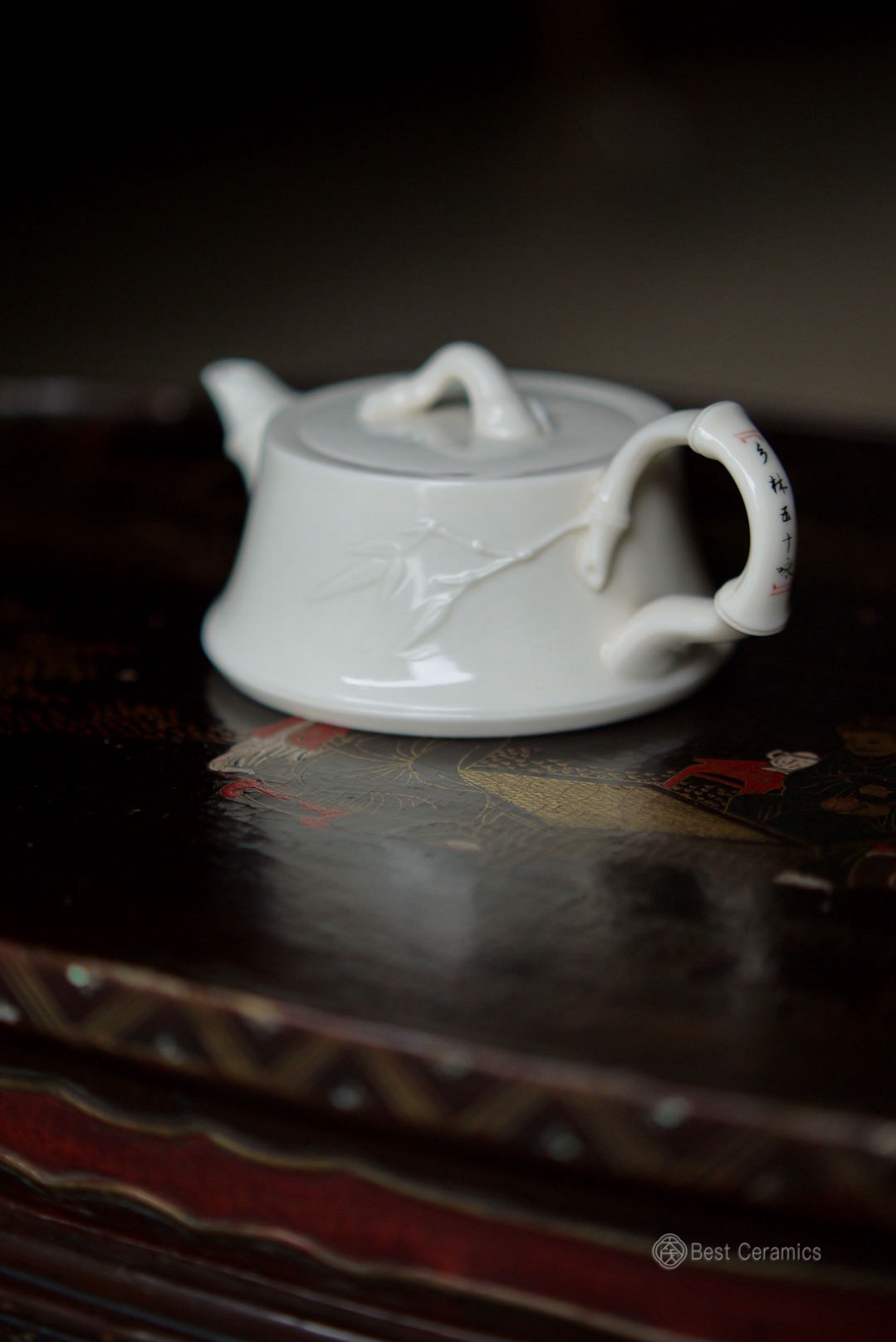 Ivory Jade Porcelain Teapot with Handwritten Poem Bamboo|Best Ceramics