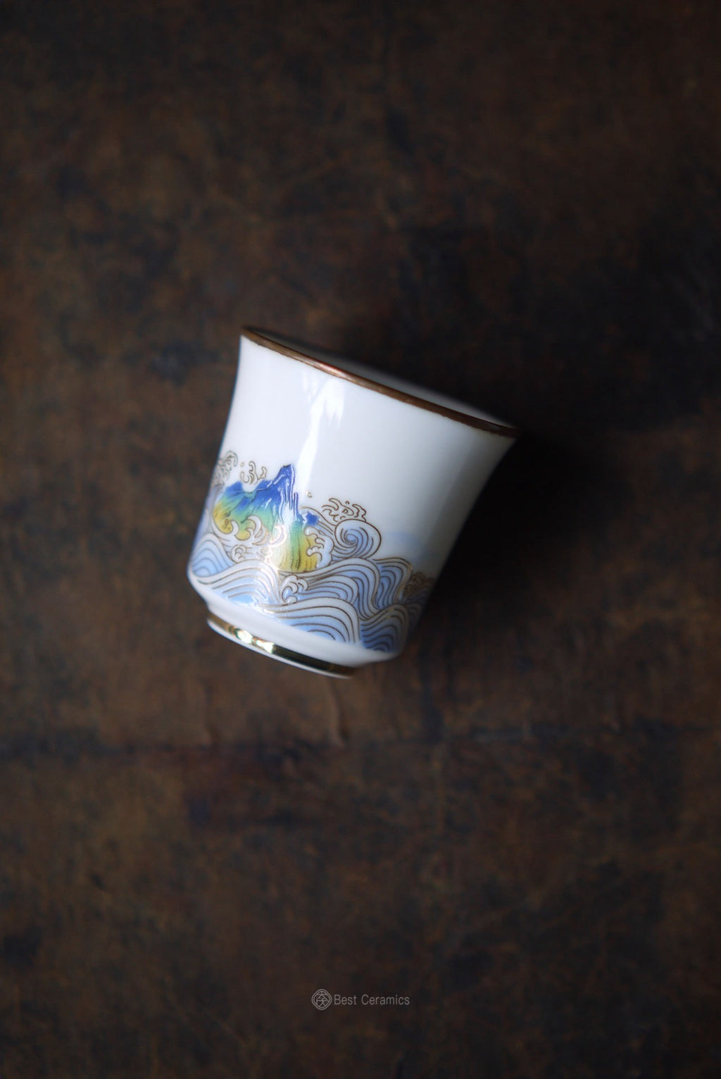 Dehua Jade Porcelain Landscape Painting with Copper Top of the Rims Gongfu Teacup|Best Ceramics 