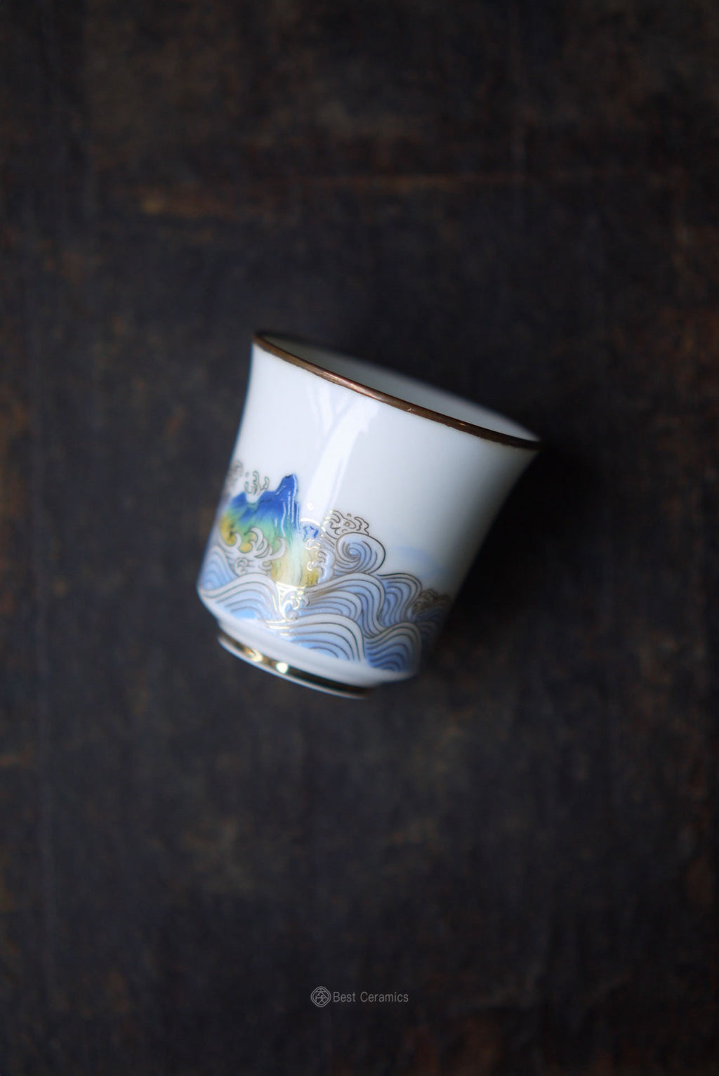 Dehua Jade Porcelain Landscape Painting with Copper Top of the Rims Gongfu Teacup|Best Ceramics 