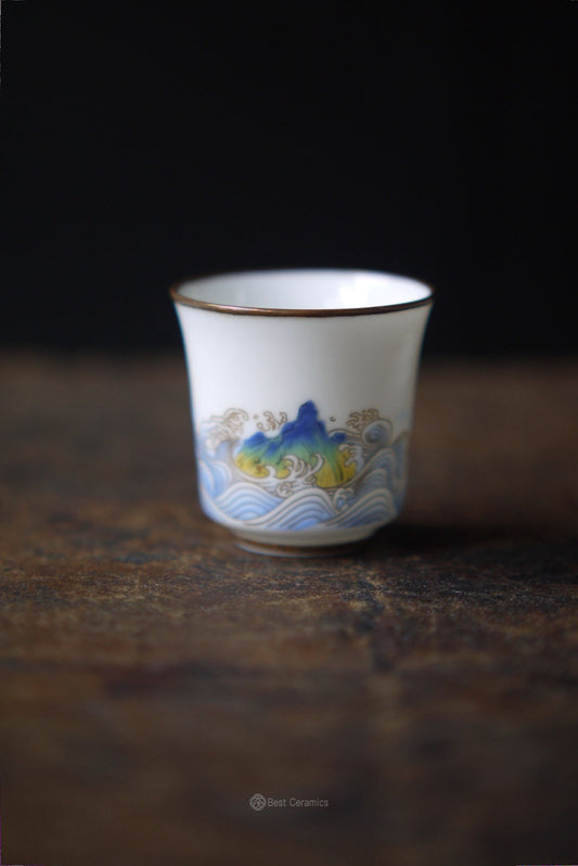 Dehua Jade Porcelain Landscape Painting with Copper Top of the Rims Gongfu Teacup|Best Ceramics 