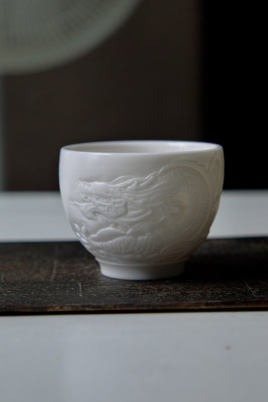Vintage Style Dehua Jade Porcelain Hand Carved Dragon Teacup|Best Ceramics