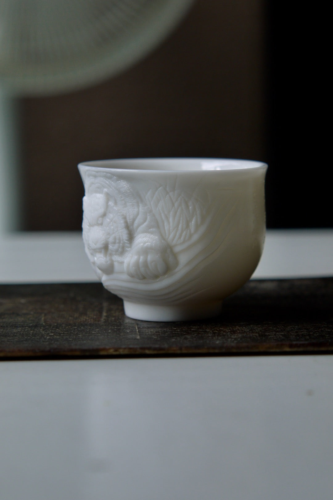 Dehua Jade White Porcelain Hand-Carved Tiger Blanc De Chine Teacup-Best Ceramics