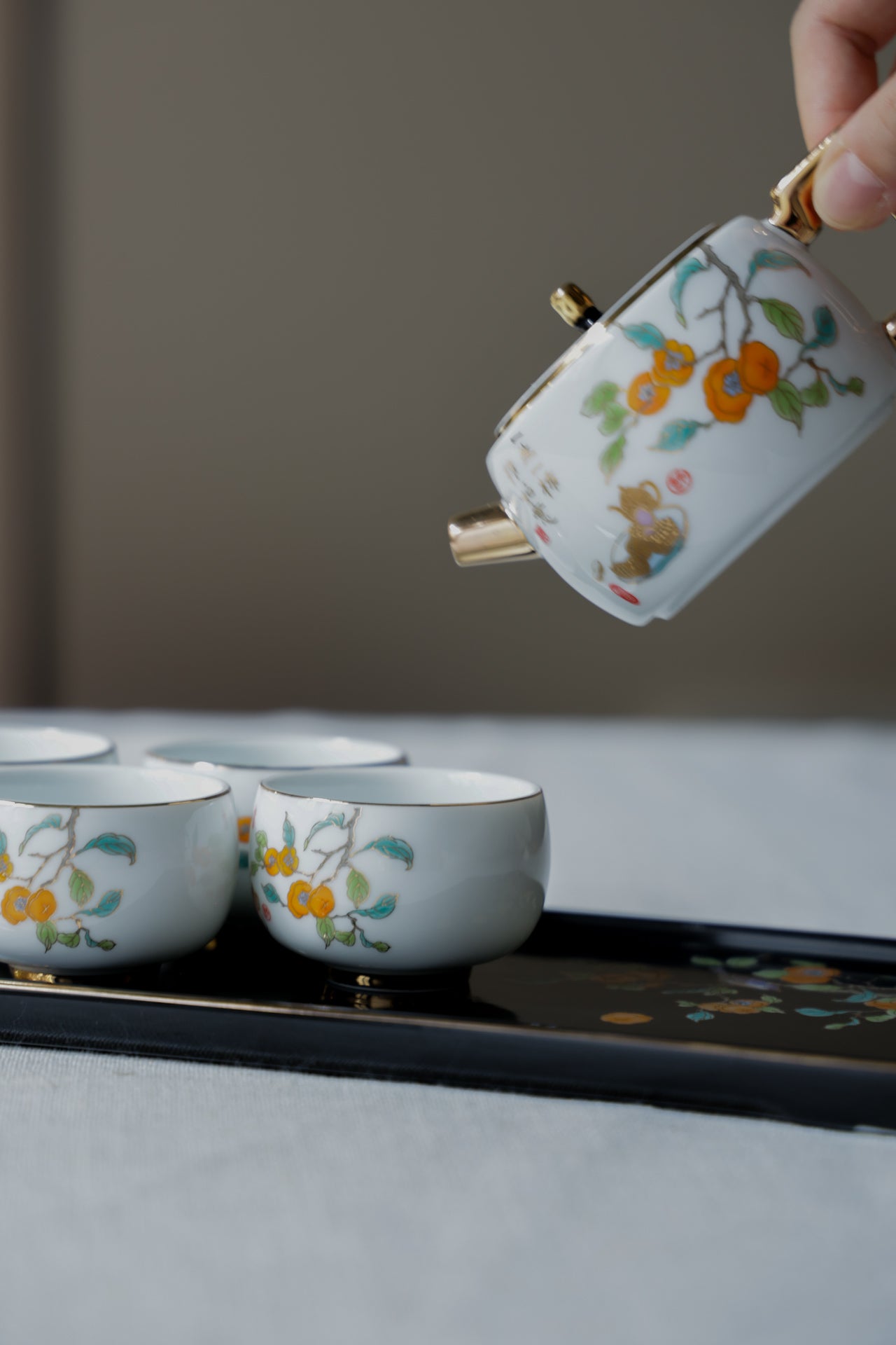 Auspicious Harvest Tea Set | Persimmon Teapot with 4 Peanut Cups