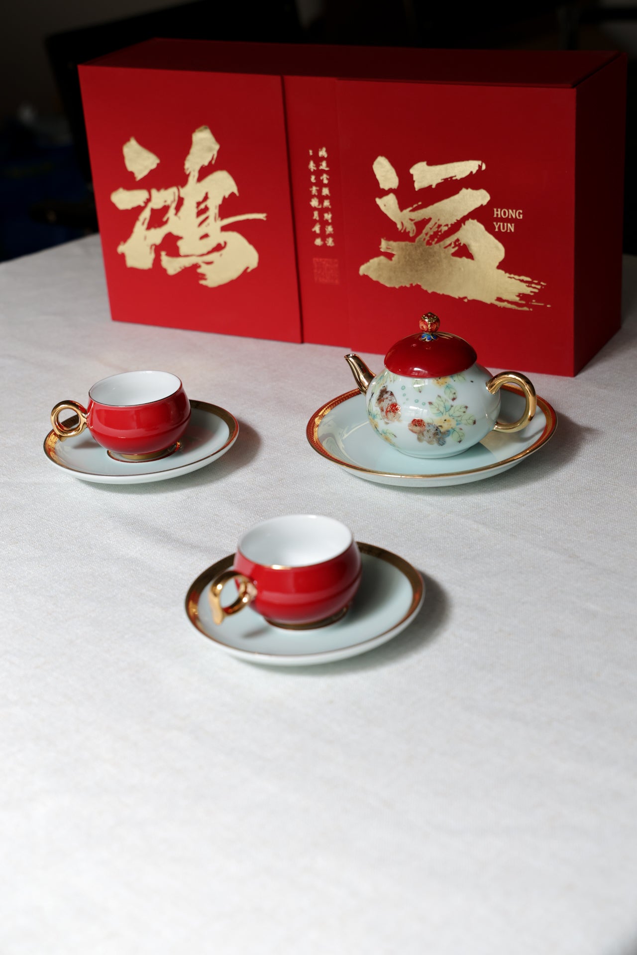 Luxuxcy Red Lids Great Lucky Painting Teapot And Teacup With Handle-Taiwu Gallery Best Ceramics