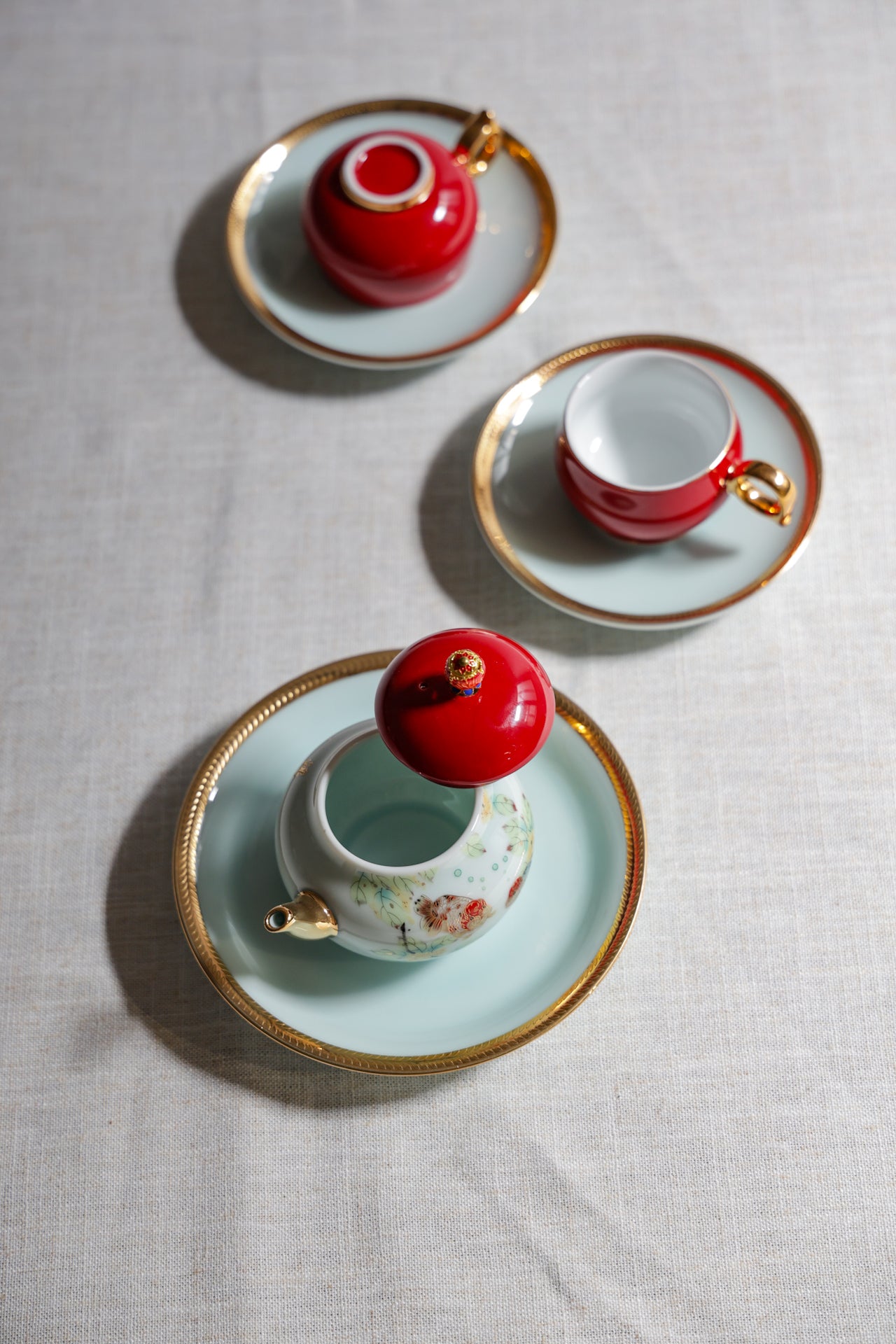 Luxuxcy Red Lids Great Lucky Painting Teapot And Teacup With Handle-Taiwu Gallery Best Ceramics