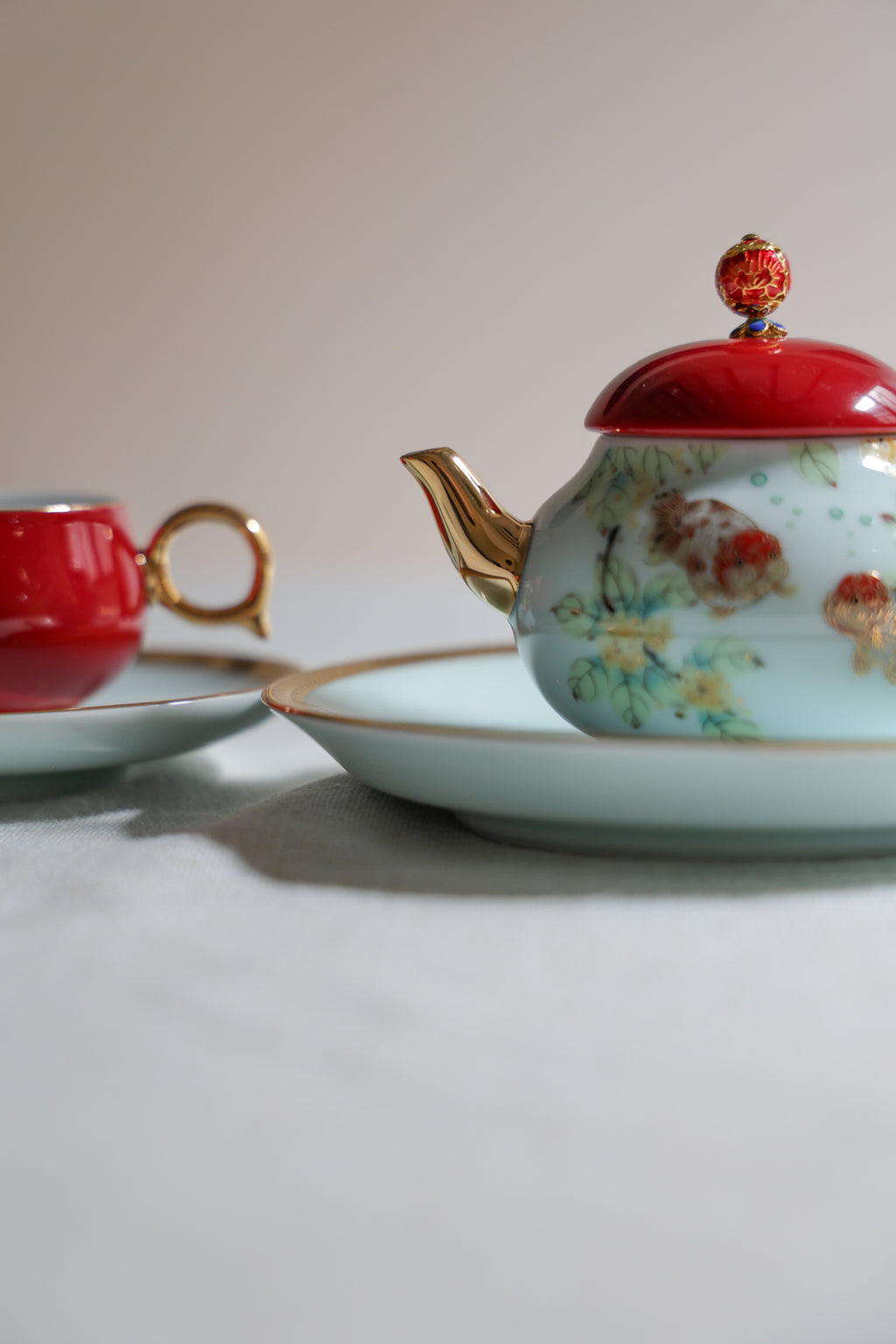 Luxuxcy Red Lids Great Lucky Painting Teapot And Teacup With Handle-Taiwu Gallery Best Ceramics