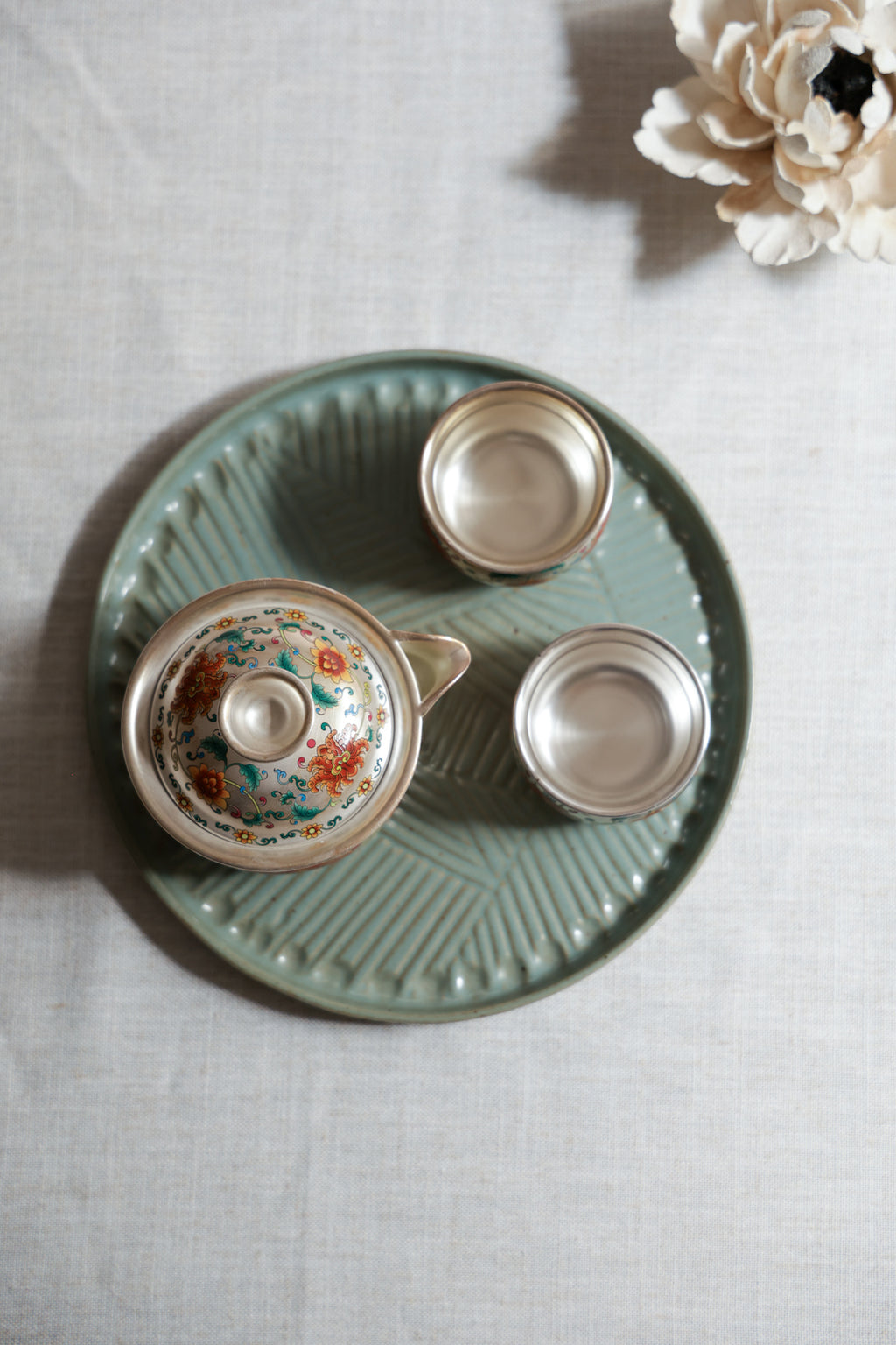 Hand-Painted Silver & Floral Teaset