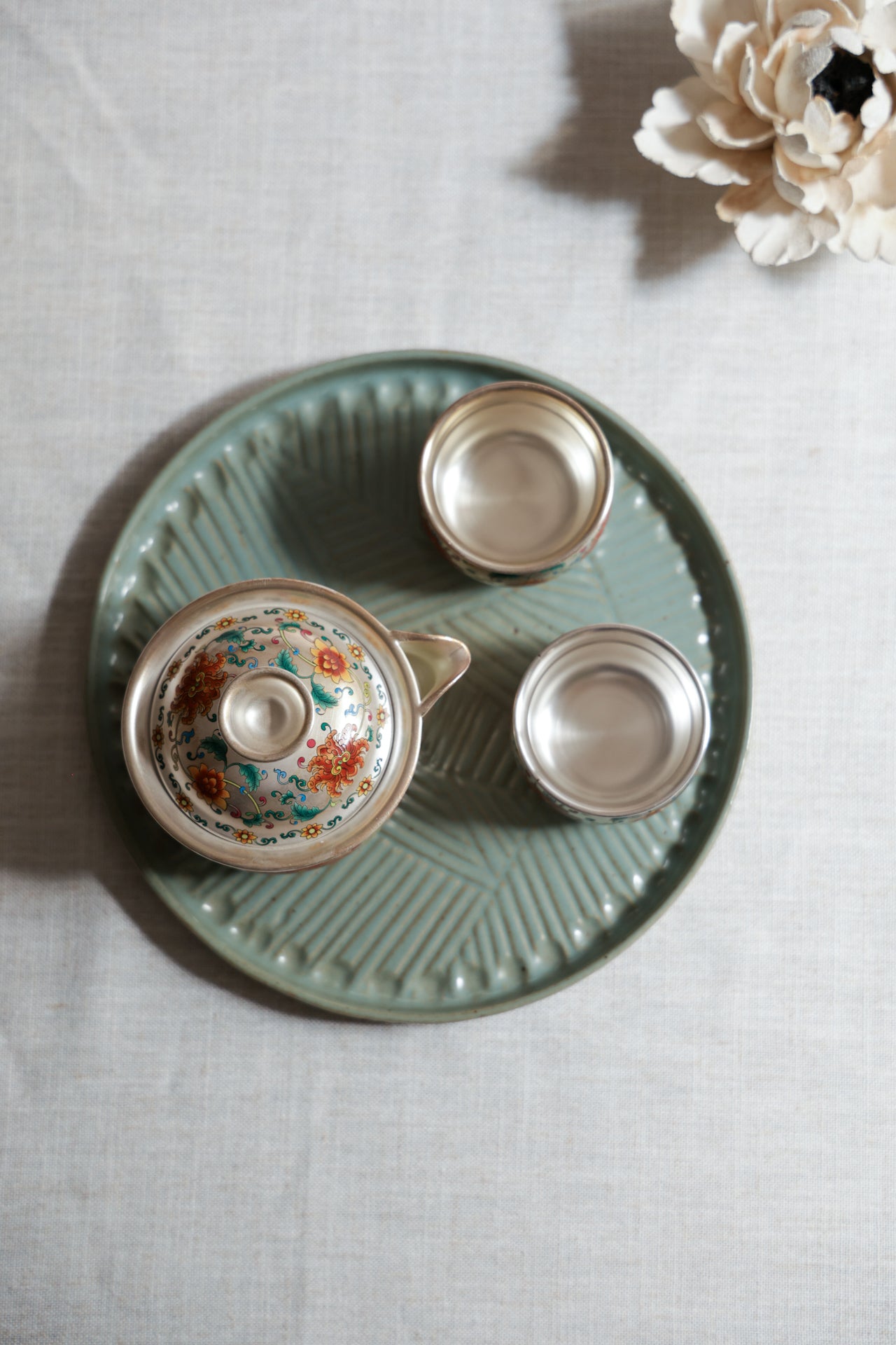 Hand-Painted Silver & Floral Teaset