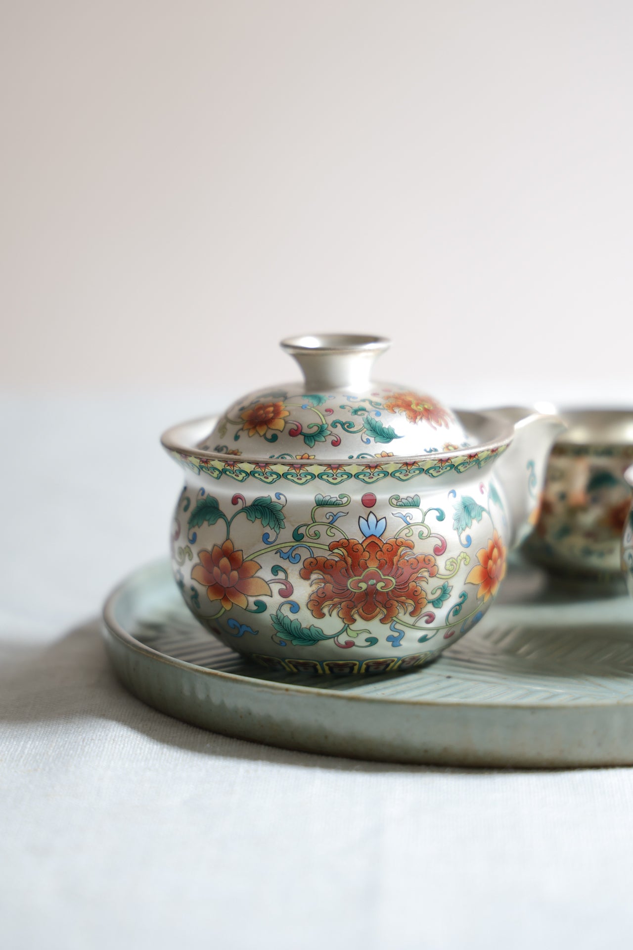 Hand-Painted Silver & Floral Teaset