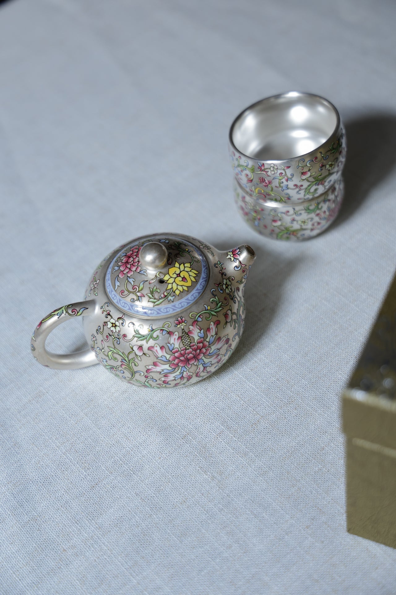 Hand-Painted Silver & Floral Teaset