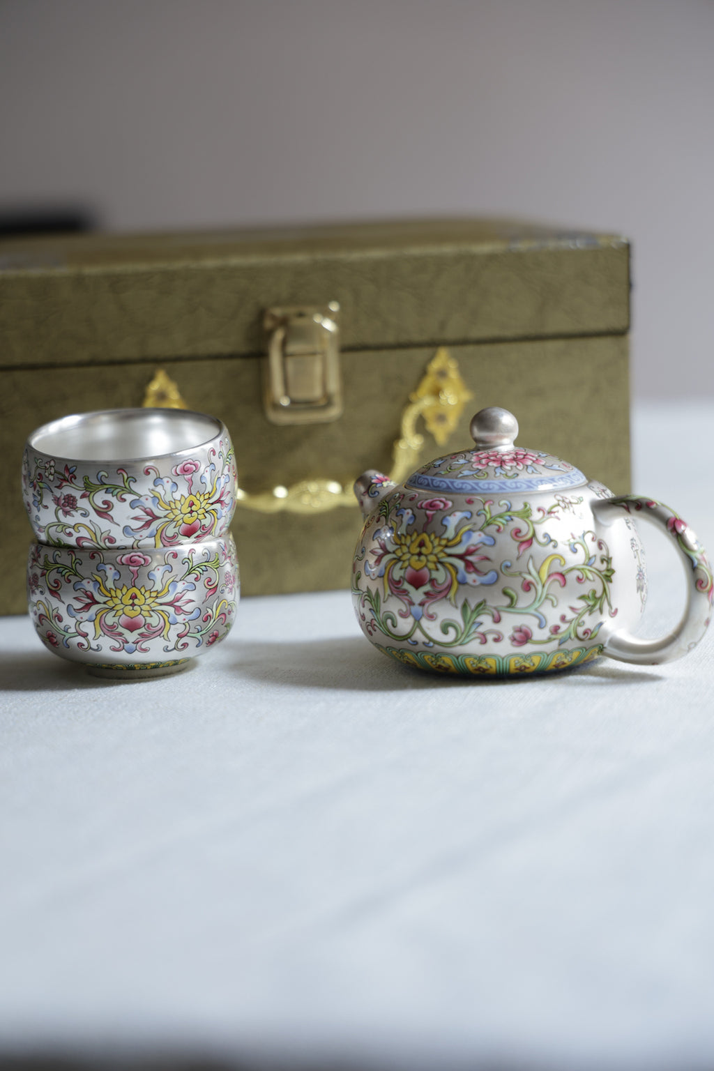 Hand-Painted Silver & Floral Teaset