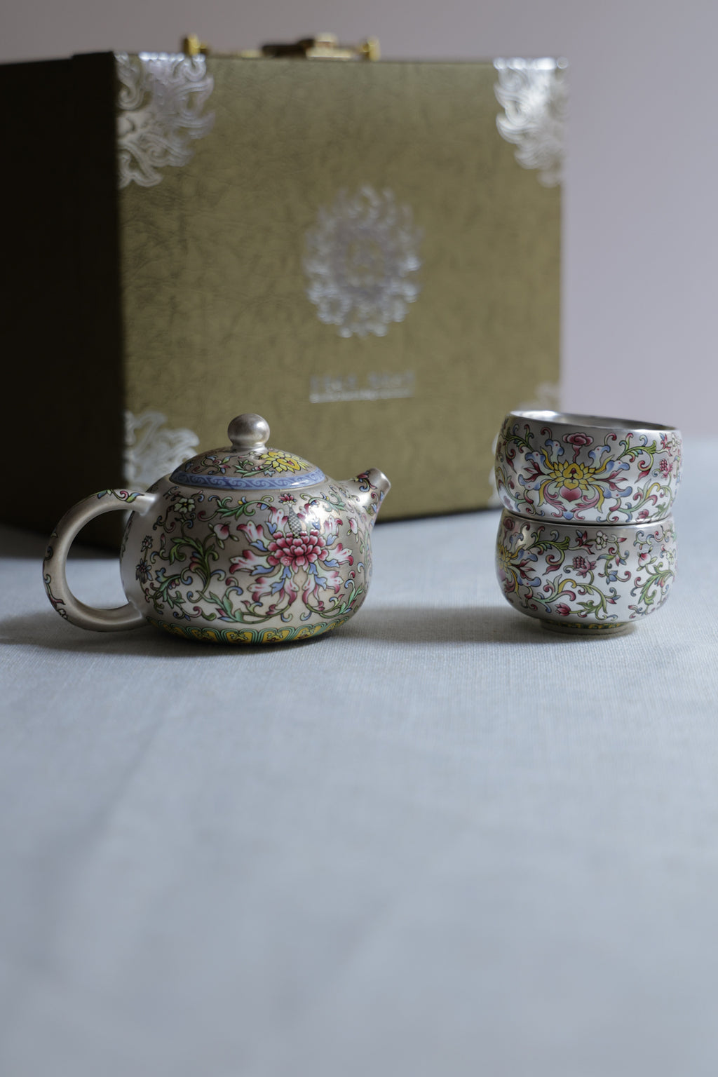 Hand-Painted Silver & Floral Teaset