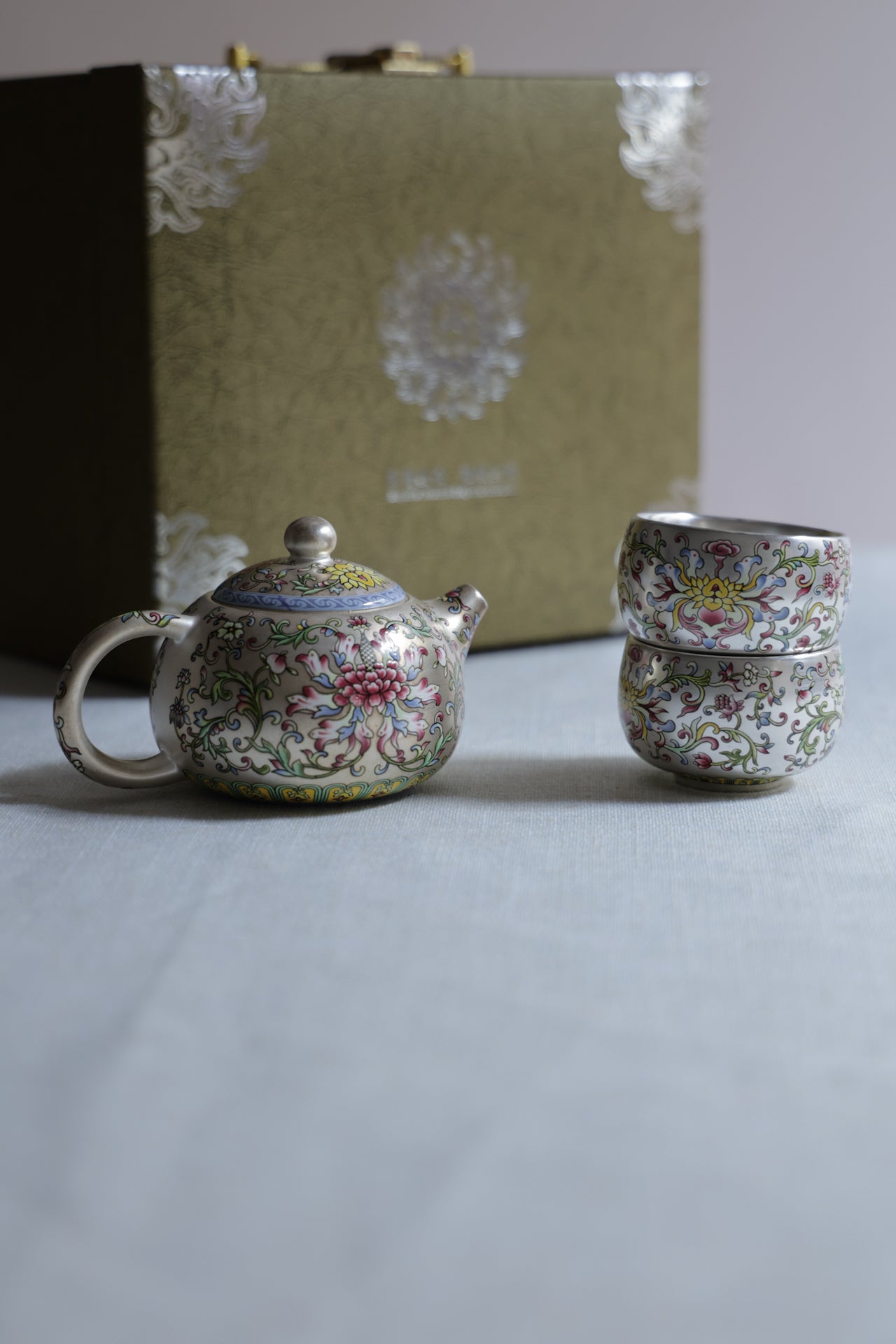 Hand-Painted Silver & Floral Teaset