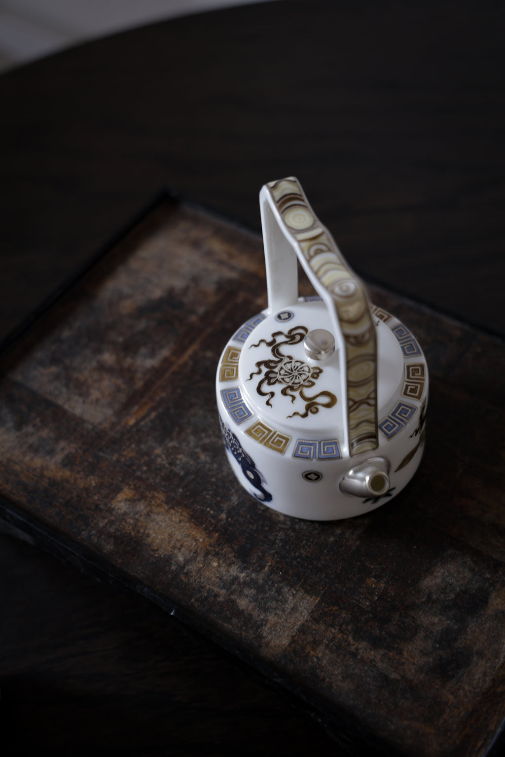 Ti Liang Overhead Handle Teapot Blue Gold Guardian Lion Motif|Best Ceramics