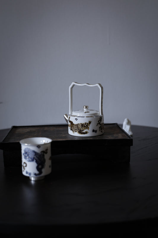 Ti Liang Overhead Handle Teapot Blue Gold Guardian Lion Motif|Best Ceramics